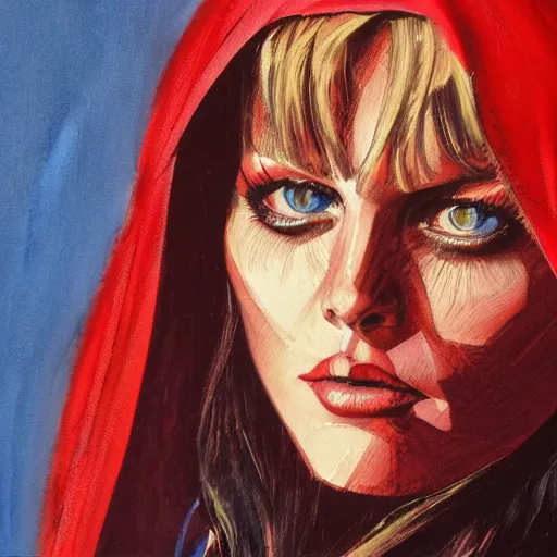 Image similar to photorealistic picture, by bob peak and alex ross and john romita jr, red riding hood lost in miami, gouache and wash paints, fine details, fine intricate, fine facial proportionate, fine body proportionate, smooth focus, sharp details, bokeh, 4 k, fine 5 k details