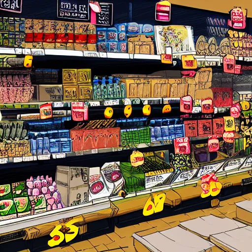 Image similar to anime highly detailed grocery isle in the style of laurie greasley