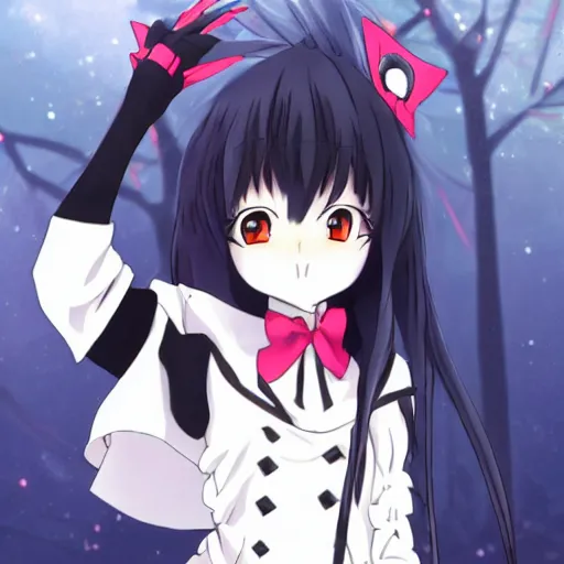 Prompt: Anime Screenshot of a “red-eyed black-haired anime fox girl” wearing black fingerless-gloves, high-waist-black-skirt, white-collared-shirt blue-open-jacket, black-necktie, unsheathing her katana, white background, visual-key, anime illustration, pixiv, anime-twitter