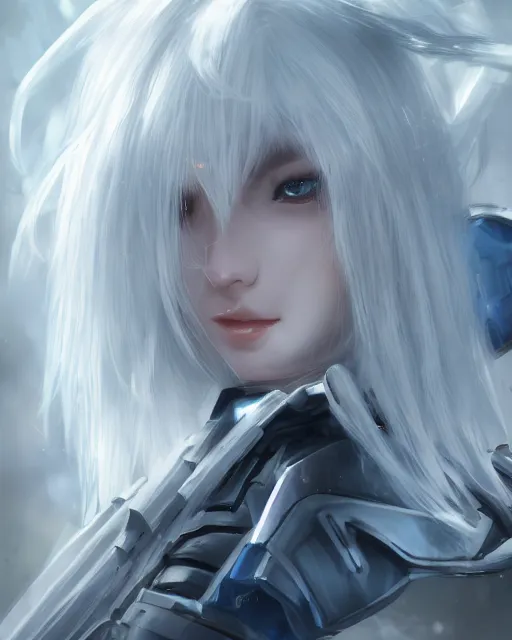 Image similar to perfect white haired girl, warframe armor, beautiful, dreamy, pretty face, blue eyes, detailed, windy weather, scifi, utopian architecture, laboratory, 4 k, ultra realistic, aura of light, cinematic, high detail, masterpiece, art by akihito tsukushi, akasuki voidstar