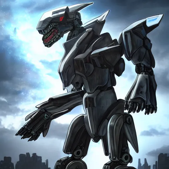 Image similar to hyper realistic, epic, highly detailed cinematic full body shot of a mecha canine, sharp claws, sleek armor, glowing visor, destroying city, digital art, furry art, dragon art, zoids art, furaffinity, deviantart