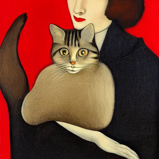 Prompt: a painting of a middle aged woman in a red dress has a cat sitting on her shoulder, by christian schad