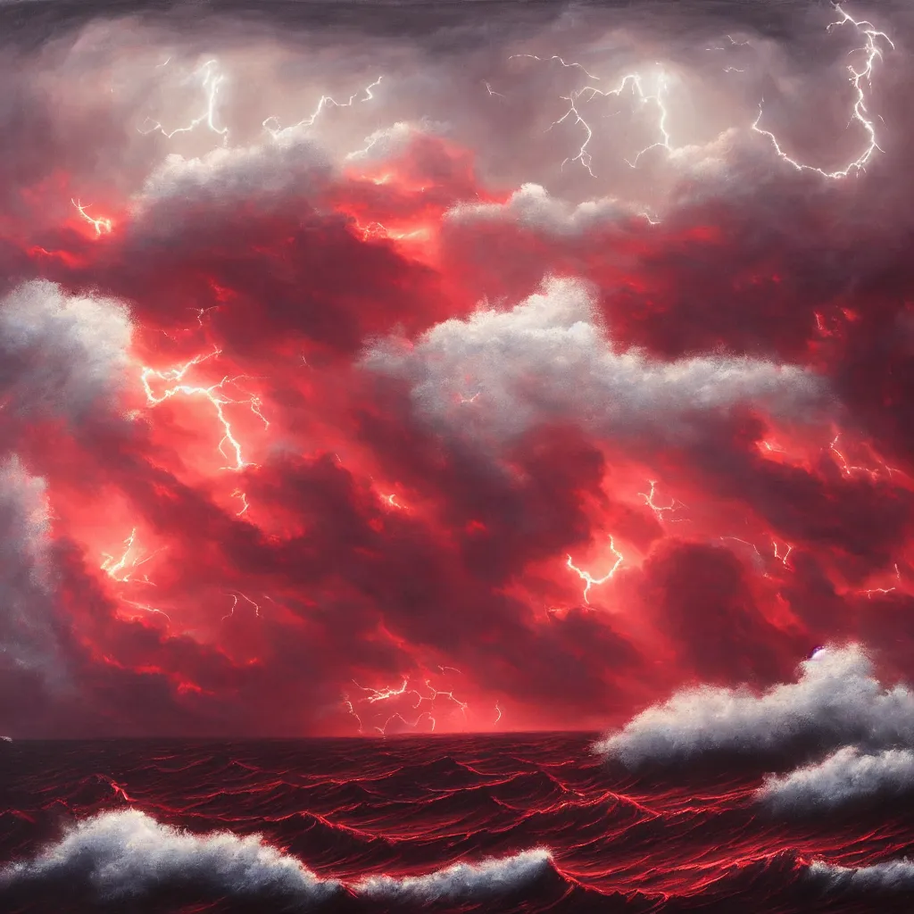 Prompt: a fantasy landscape. subject : giant dark red kraken, stormy sea, small boat, giant waves, lightning in the background, oil painting, 4 k
