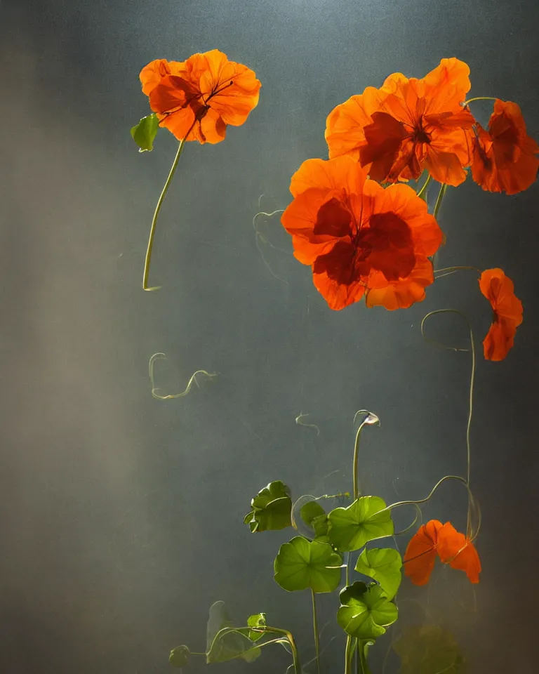 Image similar to photorealistic photograph still life of nasturtium surrounded by blueish smoke with soft light coming from a window in a dark room, moody