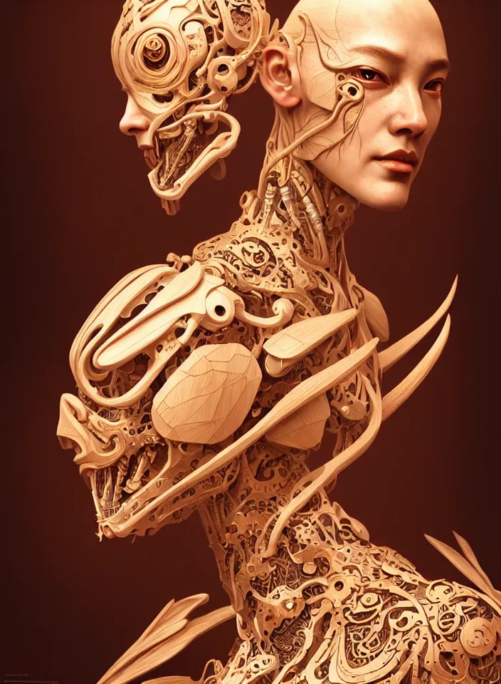 Image similar to organic cyborg, Chinese wood carving, diffuse lighting, fantasy, intricate, elegant, highly detailed, lifelike, photorealistic, digital painting, artstation, illustration, concept art, smooth, sharp focus, art by John Collier and Albert Aublet and Krenz Cushart and Artem Demura and James Jane