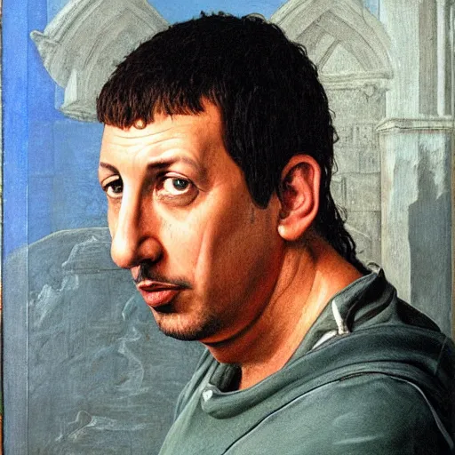 Image similar to Adam Sandler portrait, by Quirizio di Giovanni da Murano, behance, romanesque, da vinci, detailed painting, academic art