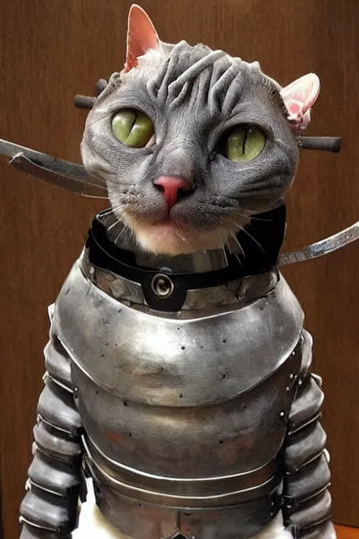 Prompt: hairless cat wearing samurai armor, subtle detail, beautiful