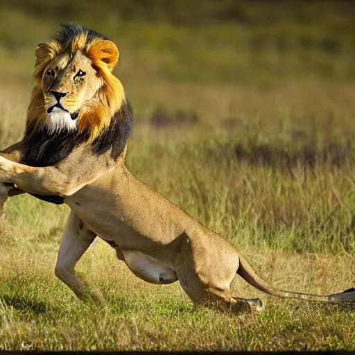 Prompt: lion hunting national geographic animal photography, action shot, 4 k, award winning, photo of the year