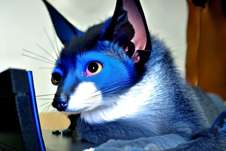 Image similar to a blue - and - black male catbat fursona with blue / green heterochromatic eyes and huge bat ears, photo of the catbat on his computer