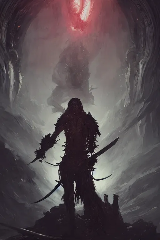 Prompt: portrait of a monster wielding a sword, visible aura of madness distorting the surroundings, occult details, greg rutkowski style, high quality, 8 k,