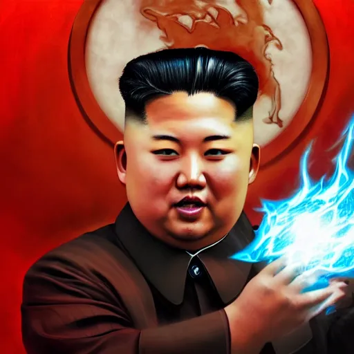 Image similar to portrait of kim - jong un as a spellcaster and mage, league of legends amazing splashscreen artwork, splash art, natural light, elegant, photorealistic facial features, intricate, fantasy, detailed face, atmospheric lighting, anamorphic lens flare, cinematic lighting, league of legends splash art, hd wallpaper, ultra high details by greg rutkowski