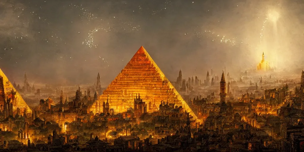 Image similar to magical city of the great tartarian empire adorned with amazing lost technology, lighting resembling fireflies, spires from rooftops collecting and distributing etheric energy, the centerpiece of the city is a colossal ancient pyramid made of metal, cityscape, combining intense detail & utmost quality, late 1 8 0 0 s photography christian hecker, artstation, - h 8 3 2