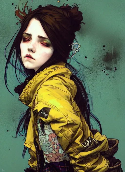 Prompt: highly detailed portrait of a moody sewerpunk young adult lady with a tartan hoody by krenz cushart, by artem demura, by alphonse mucha, by kaethe butcher, gradient yellow, black, brown and cyan color scheme, grunge aesthetic!!! ( ( graffiti tag city background ) )