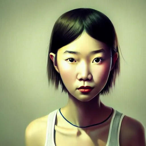 Image similar to beautiful portrait of a hopeless, worthless, lonely, vietnamese, ( waitress ) girl, stunning, intelligent, fashionable, vivid!!, sharp, crisp, colorful!!, ultra ambient occlusion, reflective, universal shadowing, fantasy art, extremely even lighting, art by wlop, dr seuss!!, ilya