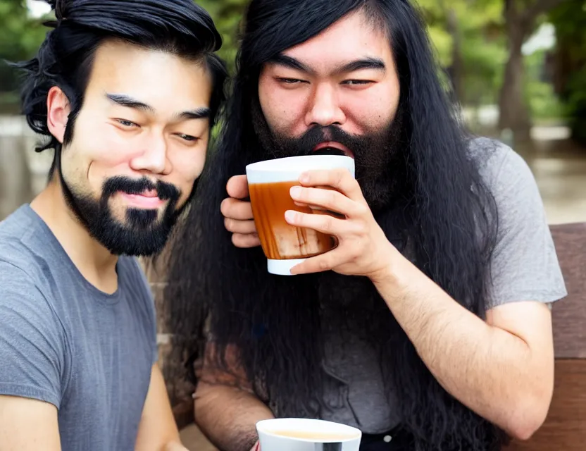 Prompt: asian with a beard treats a guy with long black hair with a cup of tea by kezie demessance