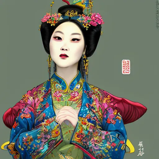 Prompt: studio portrait of legitimate kind colorful female sacred drama peking opera tsing yi absurdly beautiful, elegant, young sexy elegant woman, super fine surreal detailed facial illustration by kim jung gi, iraqi nadar, intricate lines, clear focus, vivid colors, matte, octopath voyager, final fantasy, unreal engine highly rendered, global illumination, radiant light, intricate environments - n 9