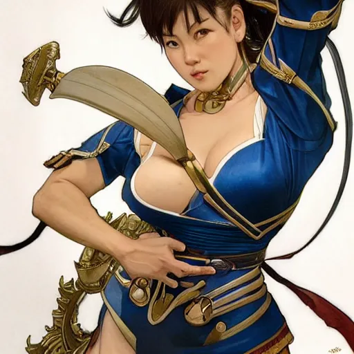 Image similar to Chun li, highly detailed, digital painting, artstation, concept art, smooth, sharp focus, illustration, ArtStation, art by artgerm and greg rutkowski and alphonse mucha and J. C. Leyendecker and Edmund Blair Leighton and Katsuhiro Otomo and Geof Darrow and Phil hale and Ashley wood and Ilya repin and Charlie Bowater