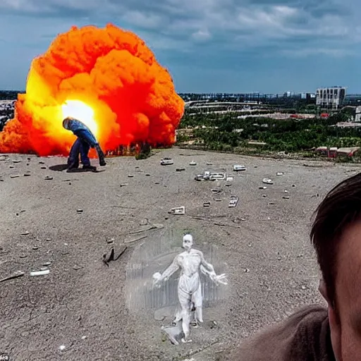 Image similar to a frightened ukrainian dying in blue clothes below and above against the background of a huge yellow nuclear explosion burning him alive, selfie 2 0 2 2