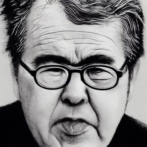 Image similar to Yoshitaka Amano realistic illustration of jeb bush ,hair fluttering in the wind, wrinkles on his face, abstract black and white patterns on the background, noisy film grain effect, highly detailed, Renaissance oil painting, weird portrait angle, blurred lost edges, three quarter view