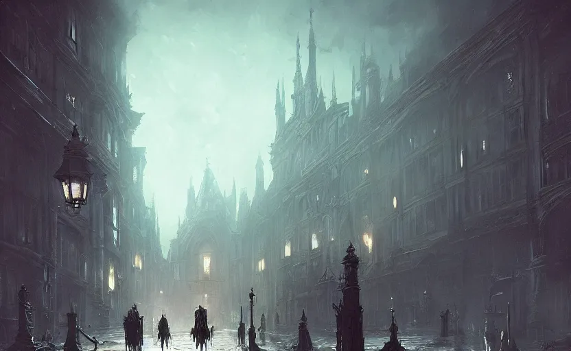 Image similar to Victorian city streets night, bloodborne, Greg Rutkowski, digital art, artstation