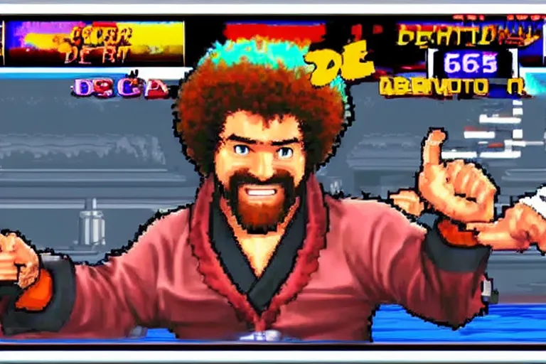 Prompt: bob ross as a character in street fighter arcade game