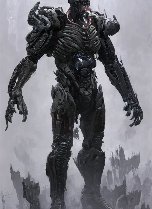 Image similar to willem dafoe as victor stone, full body concept, cyborg, borg, strogg, face of a man, terminator, flesh, quake strogg, doom demon, wolfenstein, monstrous, powerful, symmetry, symmetrical, concept art by ruan jia and greg rutkowski