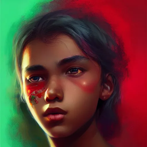 Image similar to colorful and festive captivating teenager with straight brown hair covering his eye, dark skin, big lips, big eyes, wearing a red t - shirt. rich vivid colors, ambient lighting, dynamic lighting, 4 k, atmospheric lighting, painted, intricate, highly detailed by charlie bowater