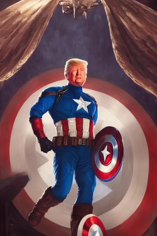 Image similar to a distant cinematic shot of Donald Trump as Captain America, D&D, fantasy, intricate, elegant, highly detailed, digital painting, artstation, concept art, matte, smooth, sharp focus, illustration, art by Artgerm and Greg Rutkowski and Alphonse Mucha, oil painting, 8k, hyper realistic