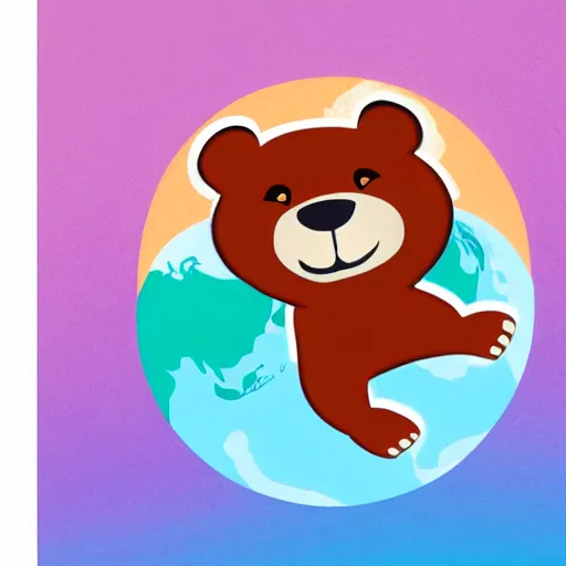 Image similar to cartoon animated illustration of a bear mascot being launched from a futuristic marble planet, purple and orange cloudland