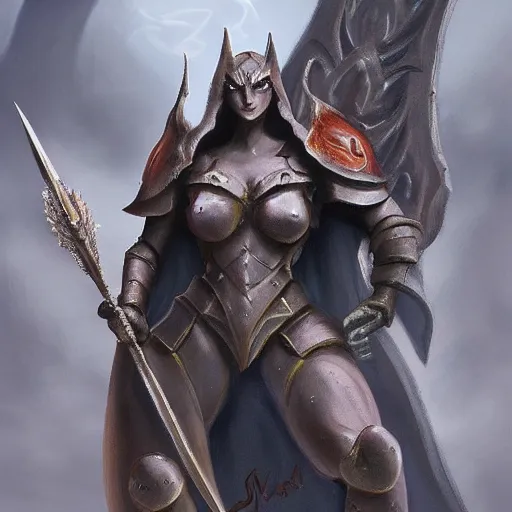 Image similar to disney's gargoyles!!!! female!! warrior! flaming sword ( devilish smile ) ( ( plate armor ) ) ( ( ( shield ) ) ), fantasy painting, concept art, 4 k