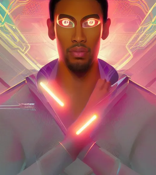 Image similar to symmetry!! egyptian prince of technology, solid cube of light, hard edges, product render retro - futuristic poster scifi, lasers and neon circuits, brown skin man egyptian prince, intricate, elegant, highly detailed, digital painting, artstation, concept art, smooth, sharp focus, illustration, dreamlike, art by artgerm