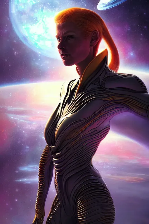 Prompt: epic professional digital photo of female alien starship captain, painting, by neal adams and joelle julie, artstation, cgsociety, wlop, epic, much wow, much detail, gorgeous, detailed, cinematic, masterpiece