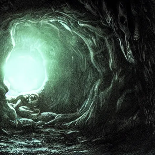 Prompt: monster peering out of a cave, dark lighting, horror, realistic,