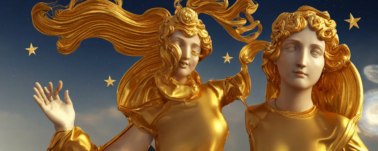 Image similar to saint woman, venus, athena, beautiful, gracious, baroque marble and gold, space, sistina, stars, puffy clouds, tilt shift, 3 d style light refraction, light reflection, real texture effect, extremely detailed, avantgarde, render, artstation