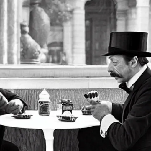 Image similar to jean rochefort and mathieu amalric, symmetric, realistic, realism, early 2 0 th century gentlemen, sitting at coffee table, smoking a cigar. top hat on the table