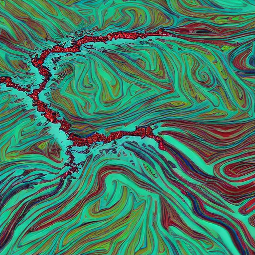 Image similar to landsat image of a river flowing in the shape of a skull, detailed, 4k, vector, contrasting colors, false colors