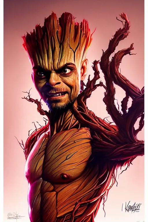 Image similar to Virat Kohli as Groot, Groot costume, Virat Kohli Face, cute, portrait, masculine figure, highly detailed, digital painting, artstation, concept art, smooth, sharp focus, illustration, cinematic lighting, art by artgerm and greg rutkowski and alphonse mucha