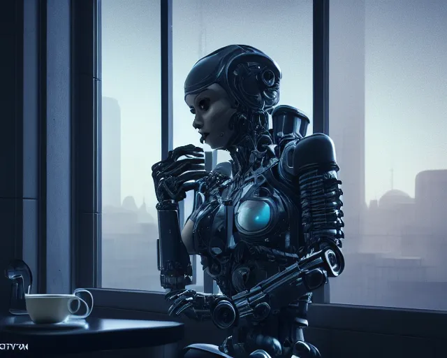 Prompt: portrait of an armored female with biomechanical cybernetic body who is drinking coffee near a window looking outside with dystopian city visible outside. very detailed 8 k. cyberpunk fantasy style. unreal engine render. global illumination. nanite. rtx. path tracing.