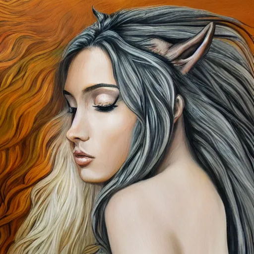 Prompt: a side view of a beautiful woman, long flowing hair, facing a wolf, side view, with nature elements throughout, canvas painting, highly detailed, art by dimitra milan.