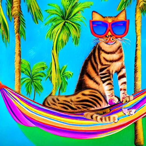 Prompt: colorful cat with sunglasses lounging in hammock between two palm trees detailed painting