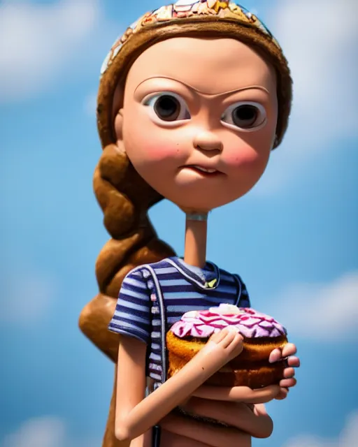 Image similar to closeup face profile portrait of a tin toy greta thunberg as max fleischer character eating cakes, bikini, depth of field, zeiss lens, fashion photoshoot by nicoletta ceccoli, mark ryden, lostfish, breathtaking, detailed and intricate environment, 8 k resolution, extremely detailed, beautiful, establishing shot, artistic, hyperrealistic, octane render