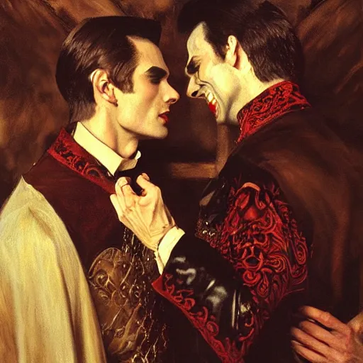 Image similar to attractive male, arthur pendragon confesses his love to attractive male dracula the vampire. highly detailed painting by gaston bussiere, craig mullins, j. c. leyendecker 8 k