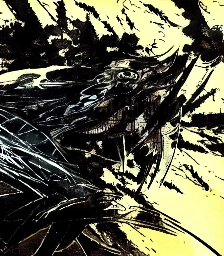 Prompt: Yoji Shinkawa's 'a raven at night', ink and colours on silk, trending on pixiv, zoomed out, monochrome