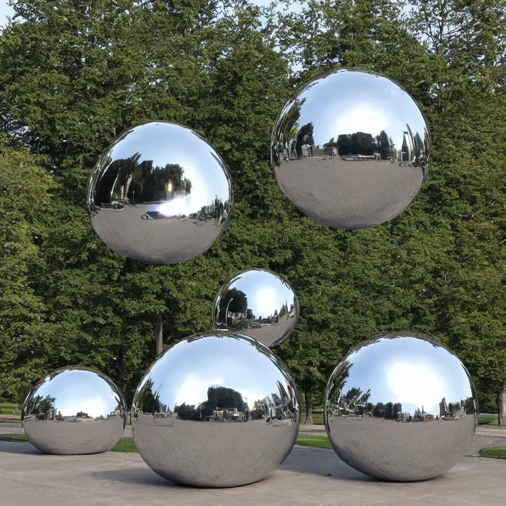 Prompt: photo of a chrome blob in a city park