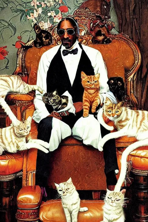 Image similar to snoop dogg and his cats painted by Norman Rockwell