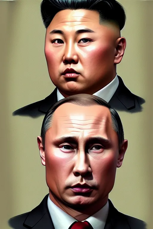 Image similar to vladimir putin with kim jong un hairstyle, realistic portrait, symmetrical, highly detailed, digital painting, artstation, concept art, smooth, sharp focus, illustration, cinematic lighting, art by artgerm and greg rutkowski and alphonse mucha