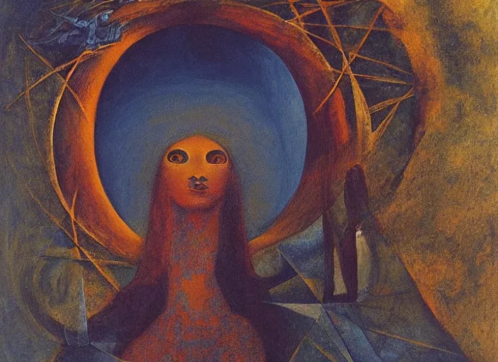 Image similar to a shaman woman holding up the universe, by remedios varo, reflection, symbolist, soft colors, dramatic lighting, smooth, sharp focus, extremely detailed, aesthetically pleasing composition