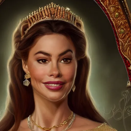 Prompt: a portrait of sofia vergara as an arabian princess in a disney movie, crown!! oil painting, pale colors, high detail, 8 k, wide angle, trending on artstation,