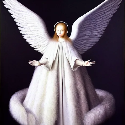 Image similar to highdetailed hyperrealistic painting of white angel!!! no gender!!!, giant ball of miracle light from the chest!!!!!, white sparkles everywhere, 4 k hd fur face!!!, big wings, by jan van eyck, holography space, glow effect, large strokes, white monochrome color!!!!!