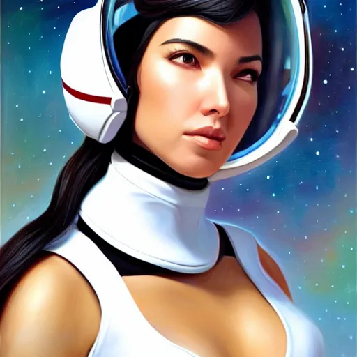 Image similar to a portrait of a very beautiful woman in a spacesuit, Alexandria\'s genesis, shoulder-length black hair, bored, illustration, soft lighting, soft details, painting oil on canvas by mark arian by artgerm, trending on artstation, 4k, 8k, HD